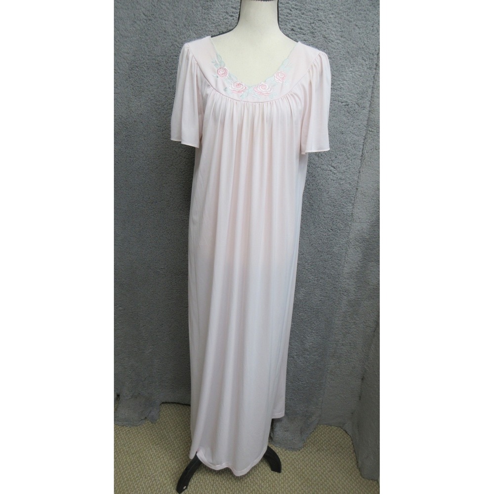 Vintage 80s Shadowline Dress Women M Pink Floral Embroidery Cottagecore Romantic